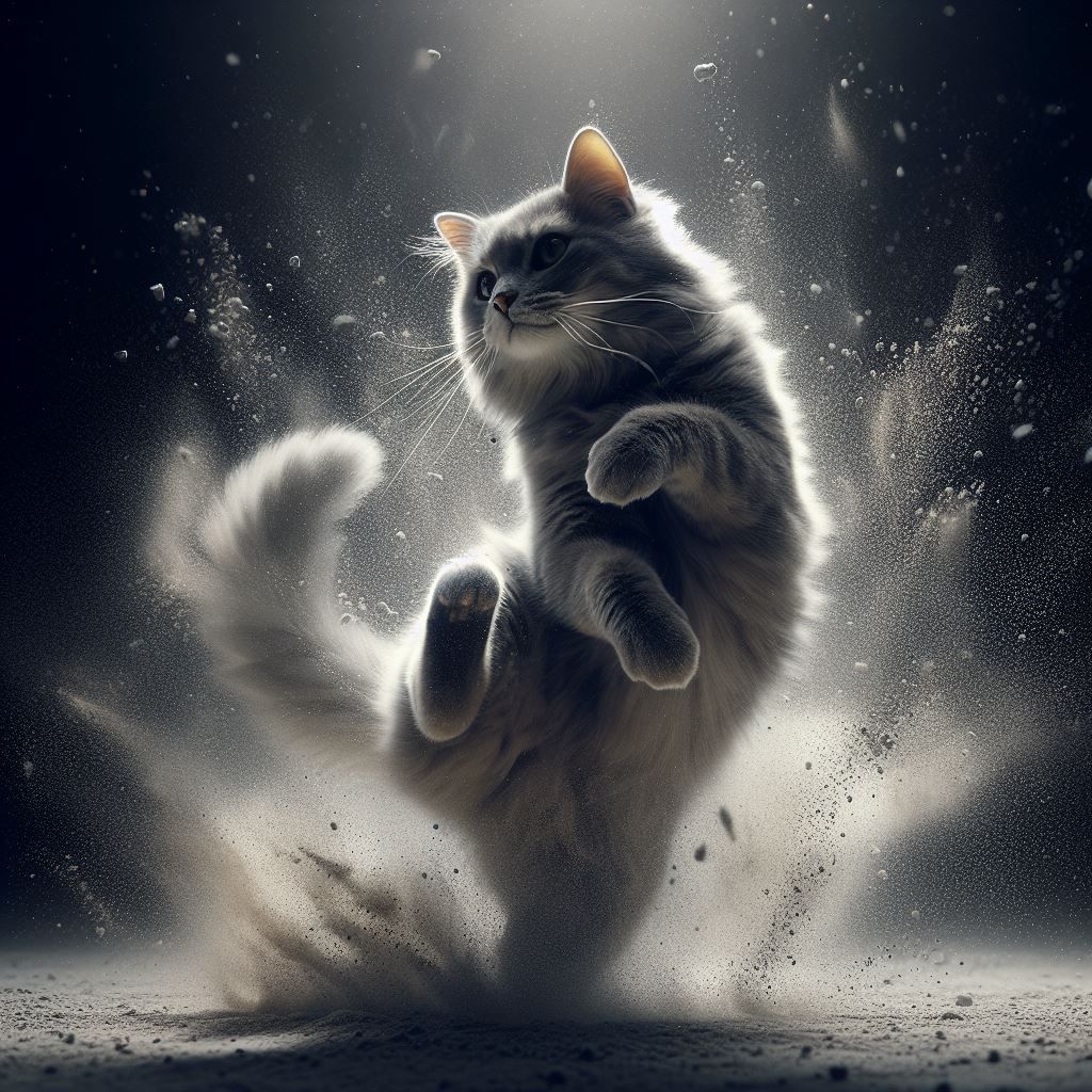 cat dancing in the dust