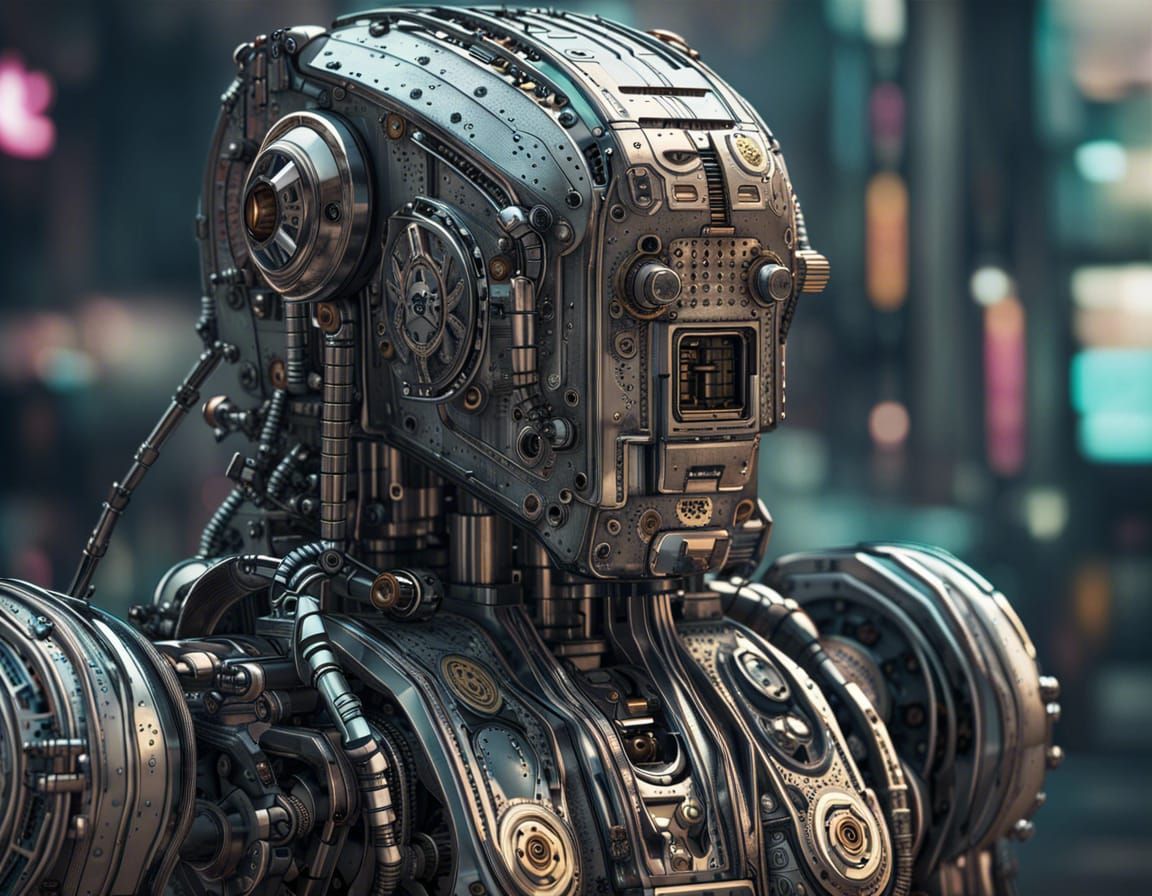 a close up of a Neo Noir robot, art-deco diesel-punk, circuit board ...