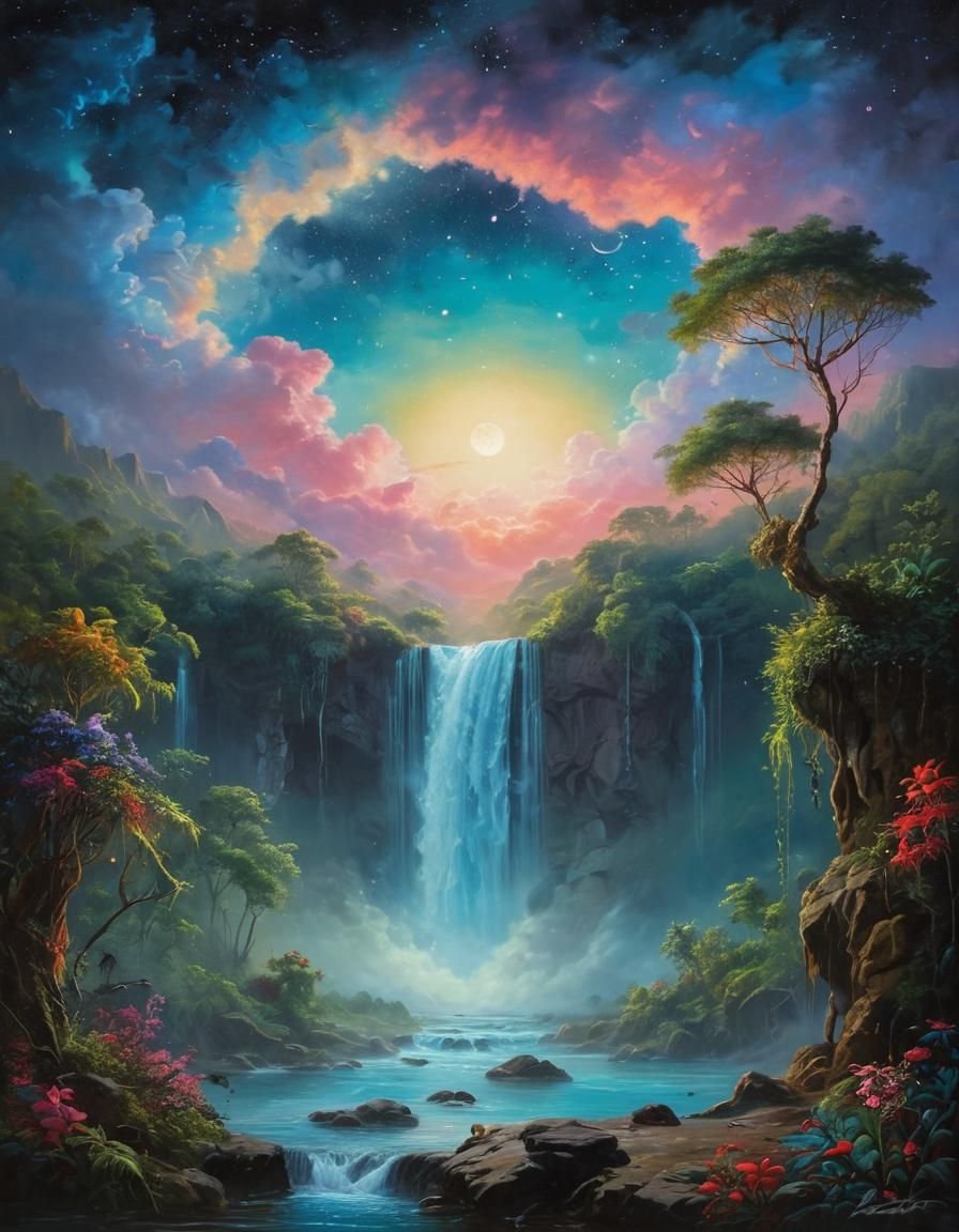 Majestic waterfall in the lush rainforest.