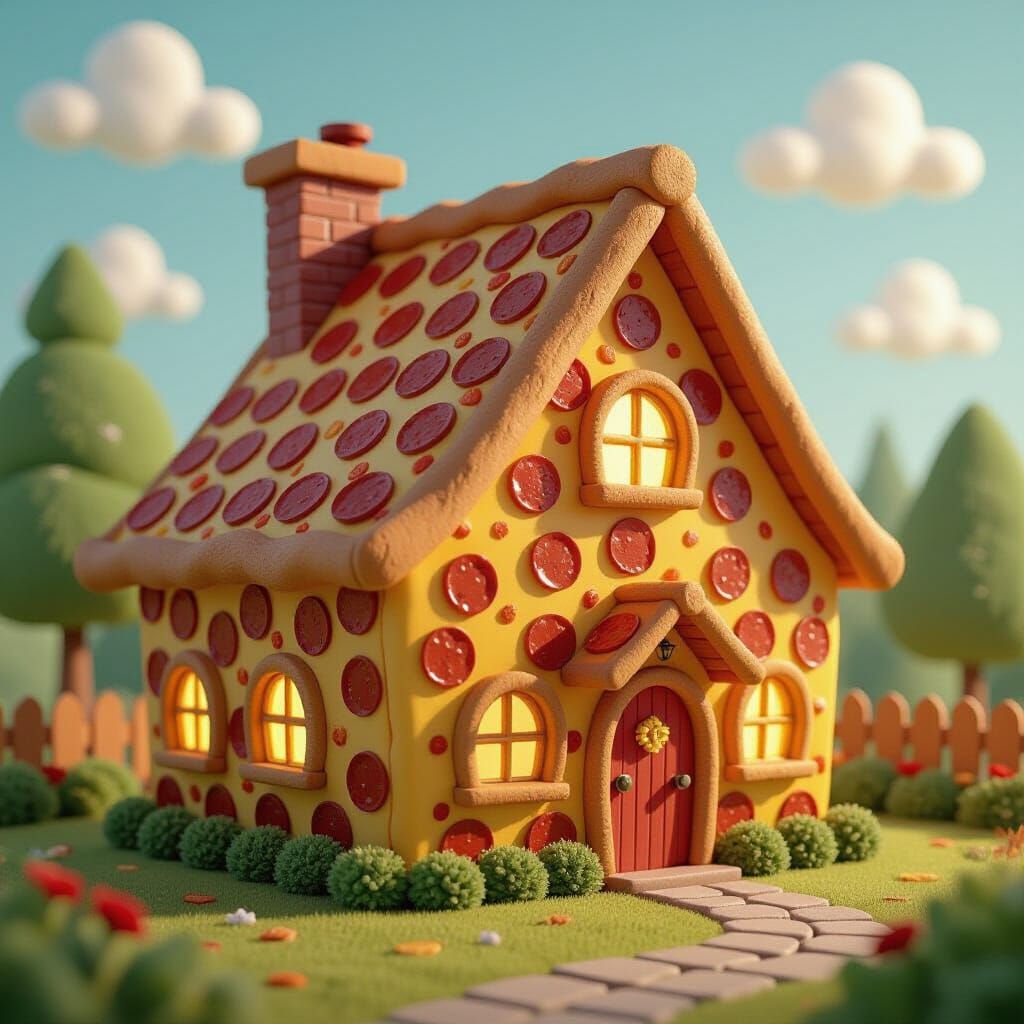 Whimsical Pizza House in Children's Storybook Style