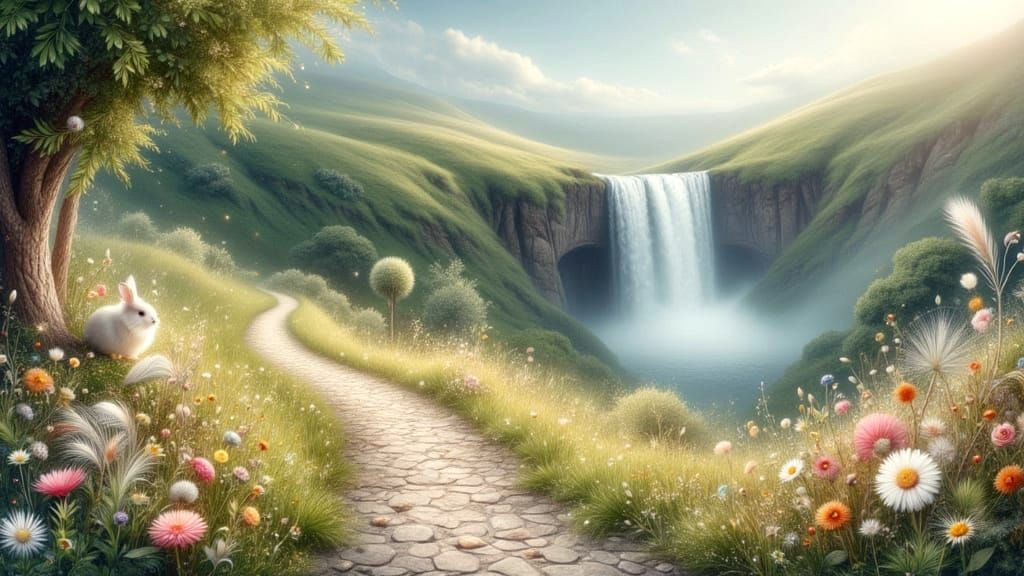 <lora:Feathers:1.0> A grey stone pathway leads through a beautiful meadow full of colourful flowers and baby rabbits.  In the distance are r...