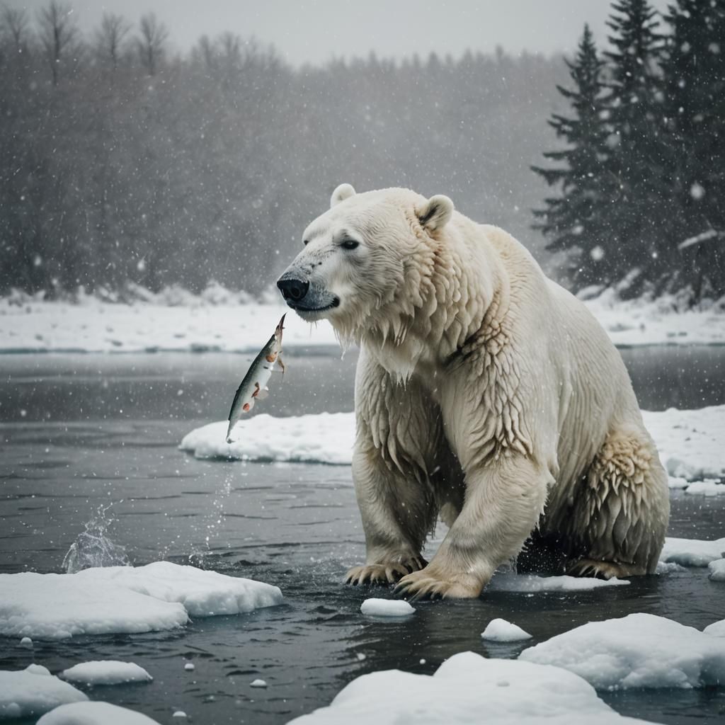Huge White  Polar bear all alone  Eating Biggest Trout fishi...