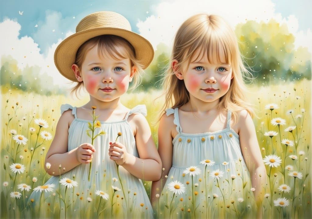 cute toddler siblings with white wildflowers <lora:a gentle world flux:1.0> 