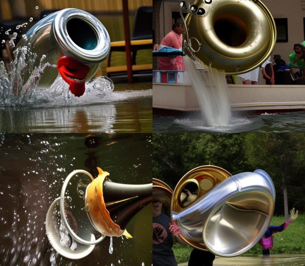 fish jumping from tuba full of water
