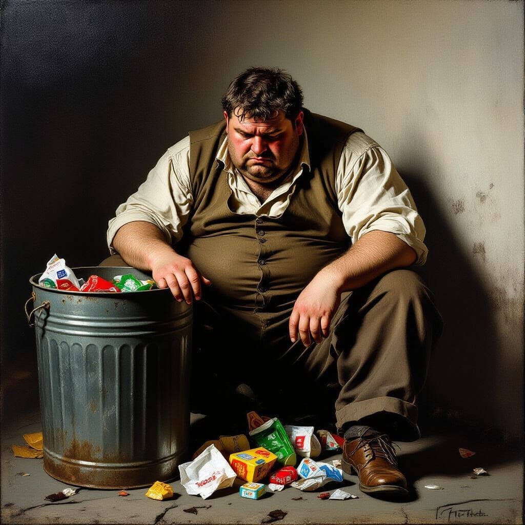 Fat Man Rummaging Through Trash in Realistic Style