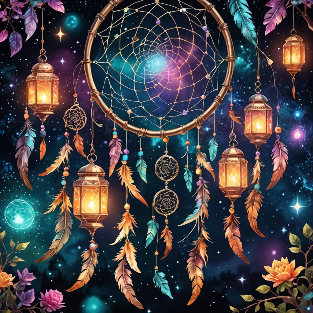 Magical Dream Catcher with Lanterns in Holographic Style