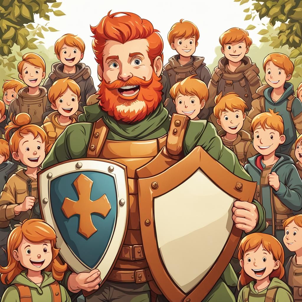 Ginger man with shield standing in front of kids - AI Generated Artwork ...