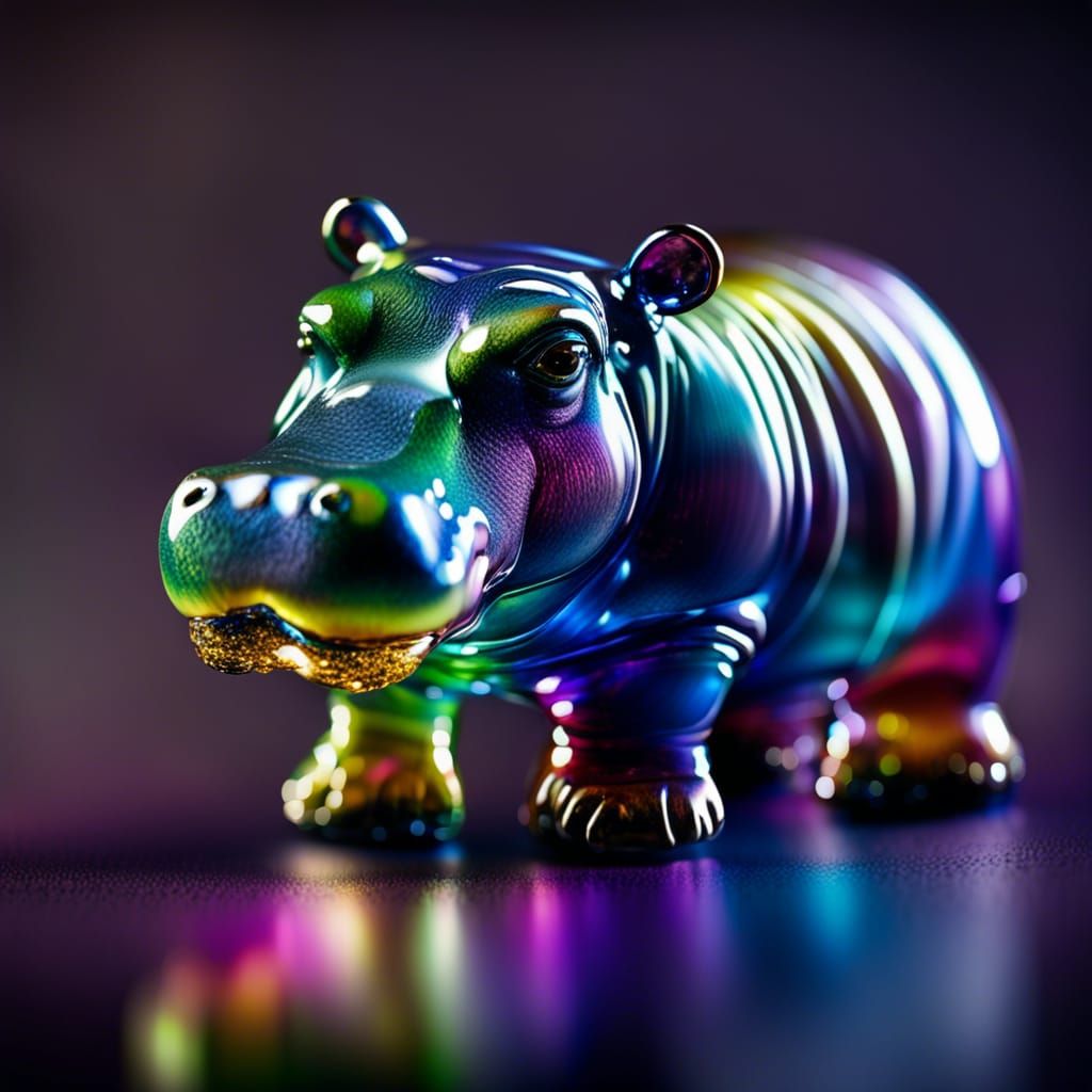 Iridescent blown glass Figurine of a hippopotamus, shiny, sp...