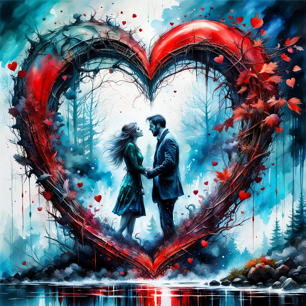 Lovers' Descent: A 2.5D Watercolor Heartscape