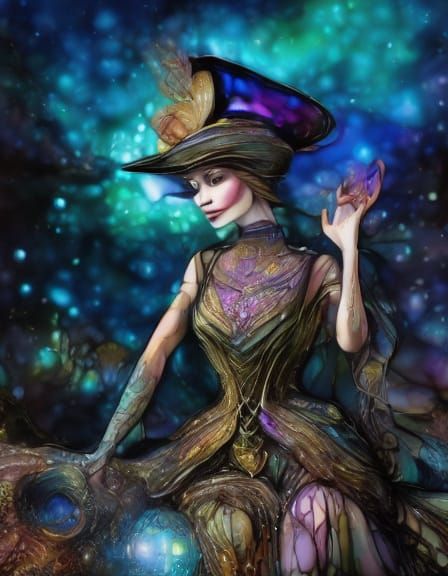 <lora:PR V8 Stained Glass:1.0> <lora:Coloring Page SD15:1.0> A beautiful woman wearing a top hat and a Victorian corset dress with a short l...