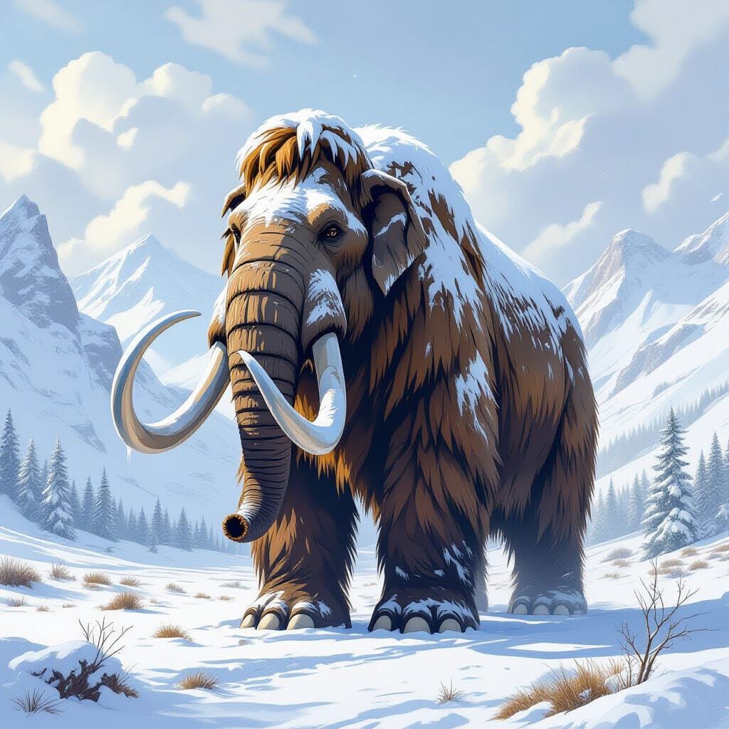 A towering woolly mammoth in a snowy valley.
  by @ALMONY