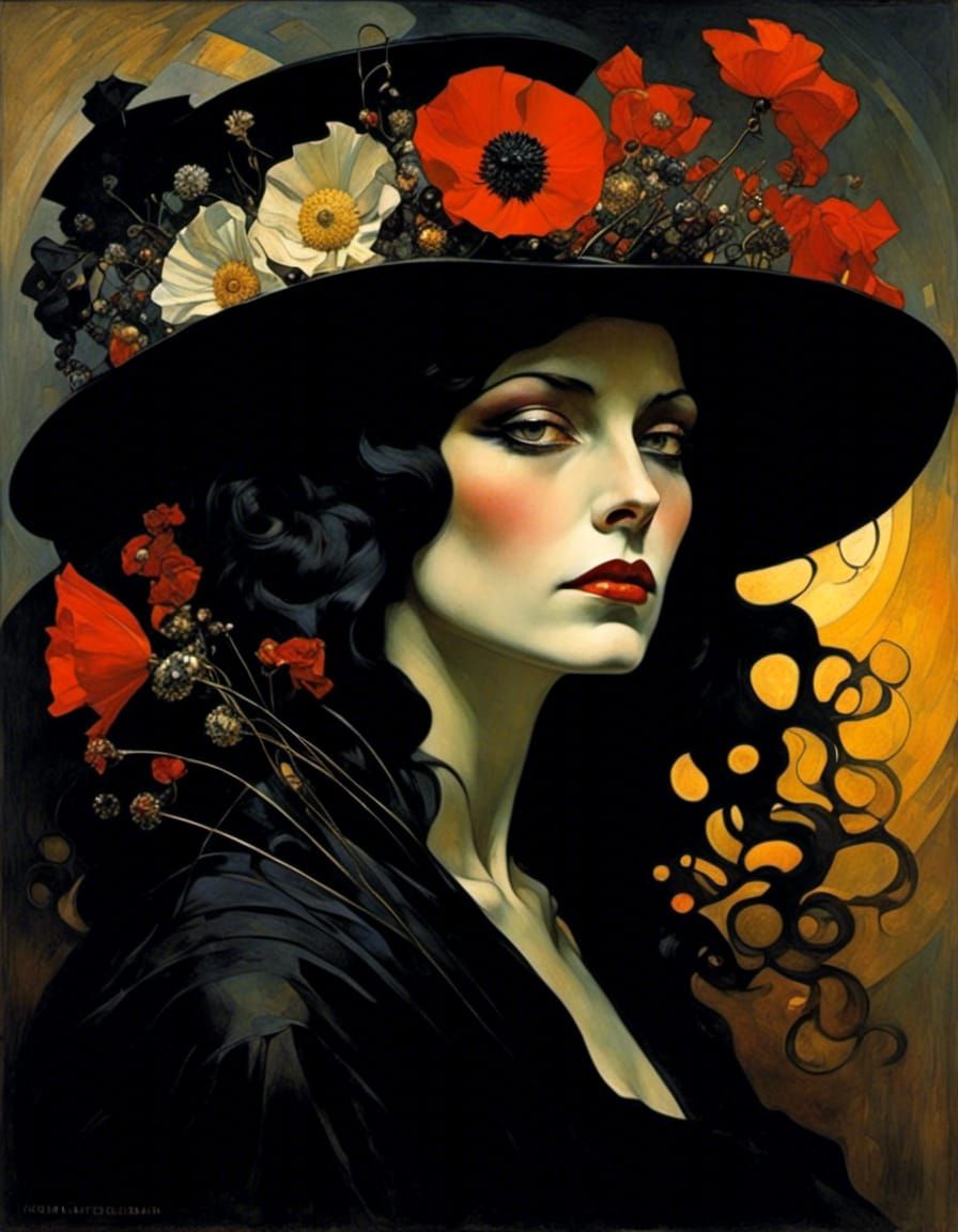 N.C. Wyeth, Witch hag portrait, golden shimmer, gilded sunset blooming wildflowers, poppy flowers and daidies, iridescent shimmer <lora:Scra...