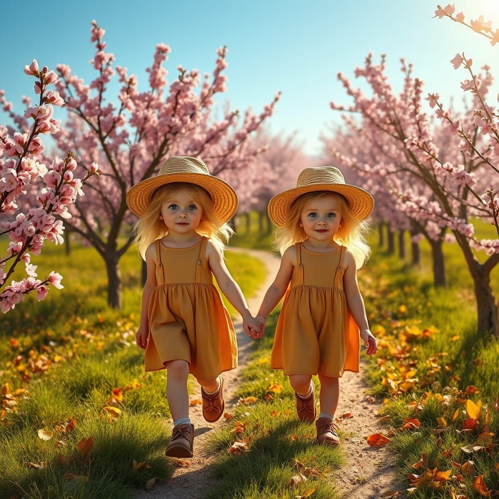 Whimsical Twin Girls in Vibrant Almond Bloom