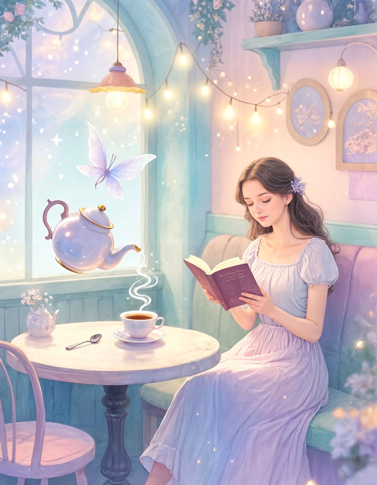 A quiet cozy corner of a magical quaint little magical cafe. The colors are pale and pastel, the artwork ...  by @SkAiLer