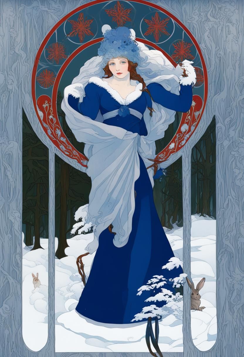 Art Nouveau Alphonse Mucha Snow Princess with a snowy forest...
