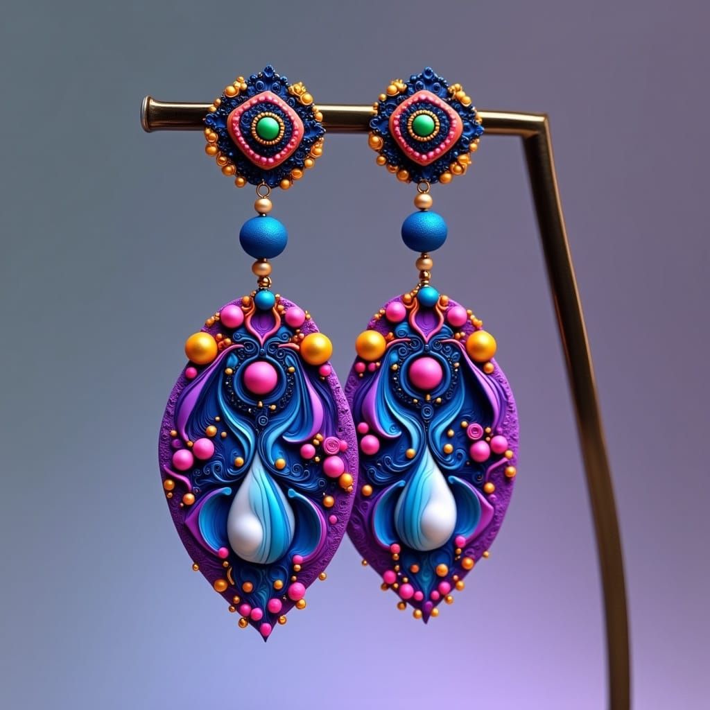 <lora:Making Jewelry:1.0> Intricately crafted polymer clay earrings adorned with vibrant, bright colored beads, luminous pearls, and sparkli...