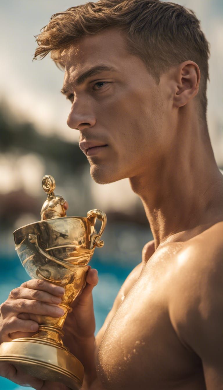 Shirtless muscular young swimmer holding a golden trophy at ...