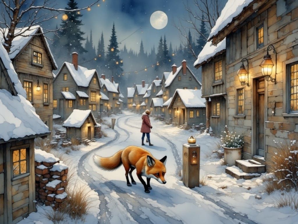 <lora:Flux - Painterly:1.0> fox winter village watercolor Ma...