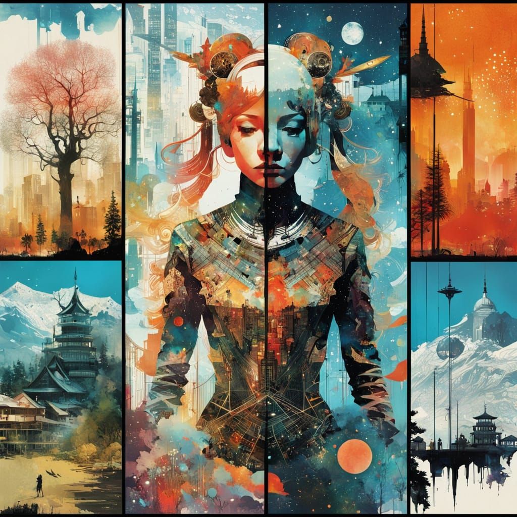 Galactic Princess in Cityscape with Trees and Stars