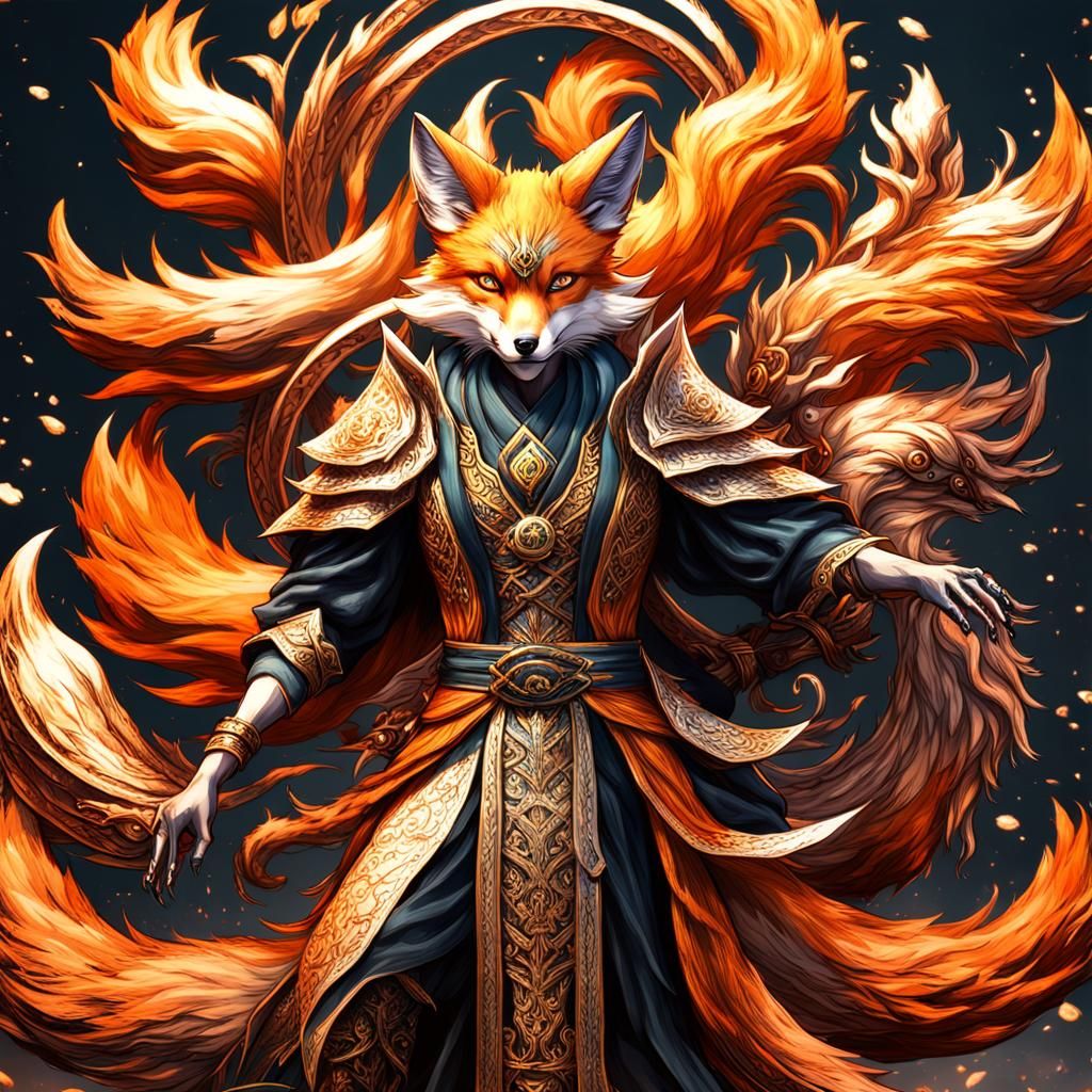 Kitsune (Human form) with nine tails (fox style)  by @bashfulglowfly