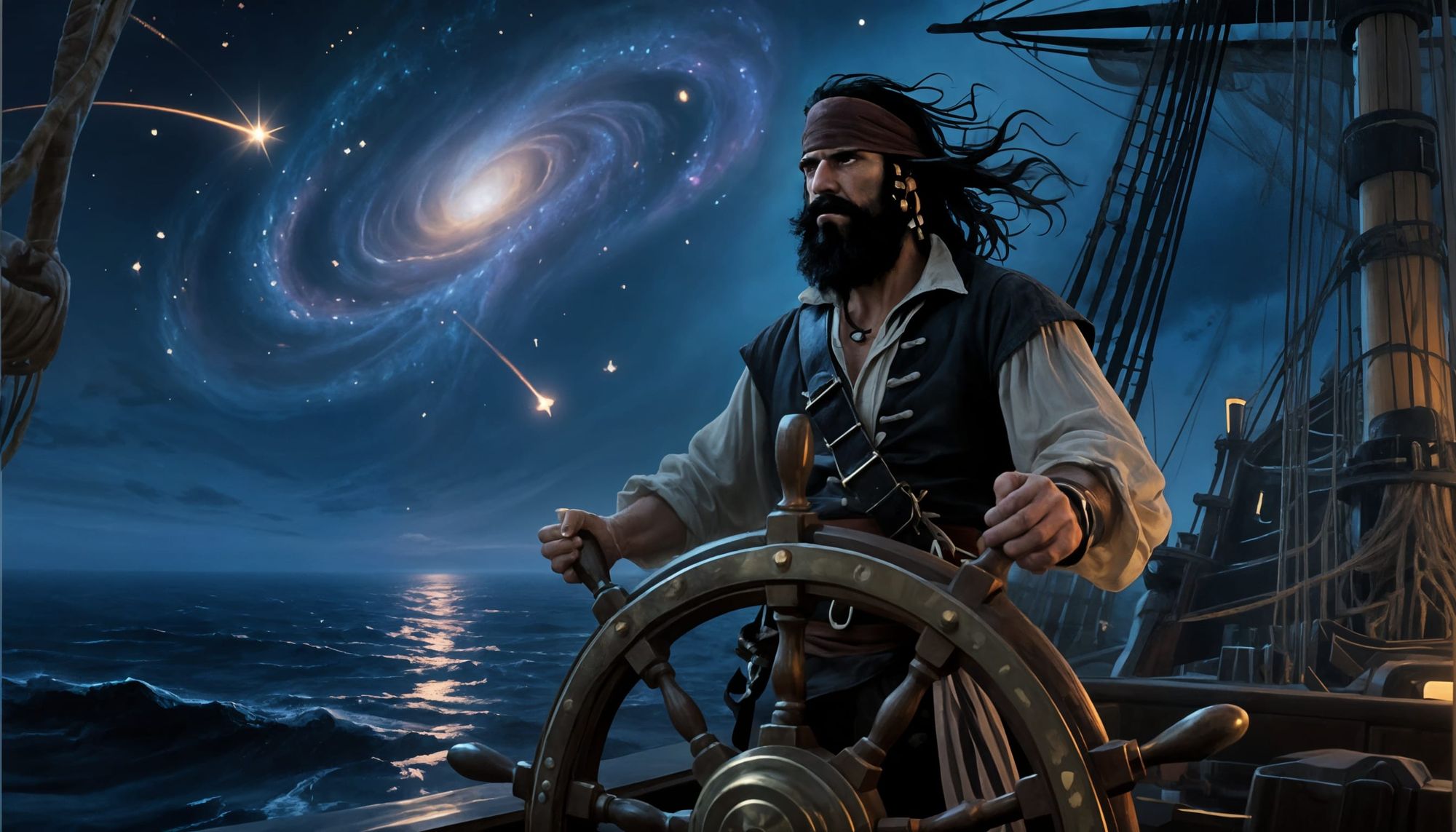 A pirate captain with wind-tangled hair and a thick black beard, determined glint in his eye, stands at the helm of his ship. The ship has t...