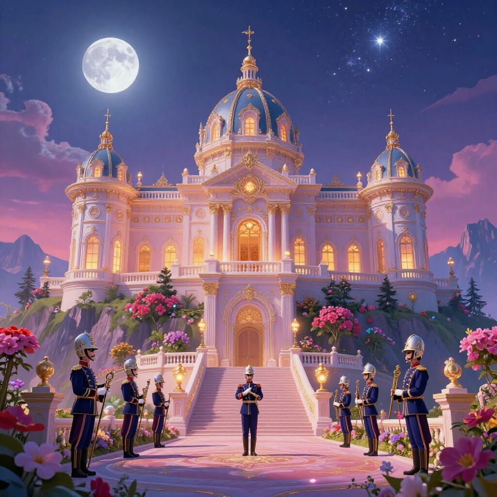 Majestic Mountain Palace with Guards in Romantic Fantasy Sty...