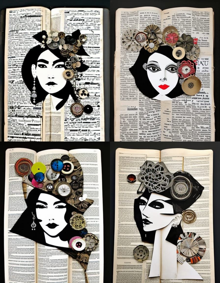 Charcoal drawing illustration collage, marker drawing portrait of a Vietnamese woman on collage of book pages, magazine ...
