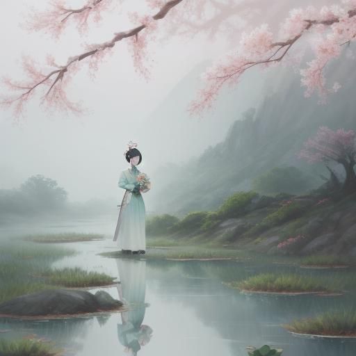 Ethereal Watercolor: Chinese Woman with Lotus on Misty Path