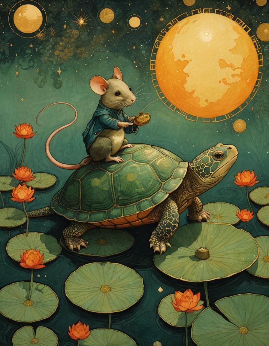 MOUSE RIDING Turtle, POND, Infinite-Network,  Cosmic-Visionary, Earthenware, Asian, Amanda Sage, VICTO NGAI  by @Daleone