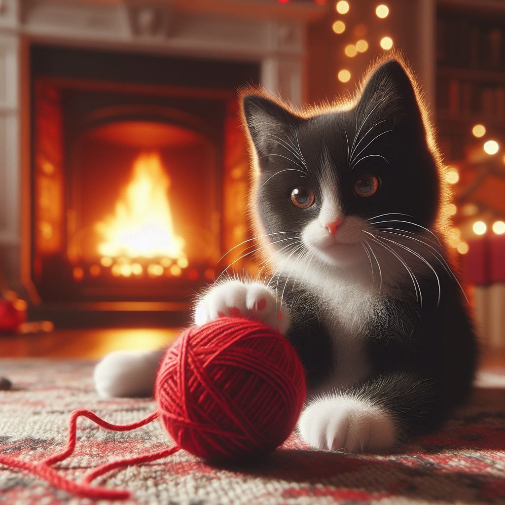 Cat playing with a ball of wool.