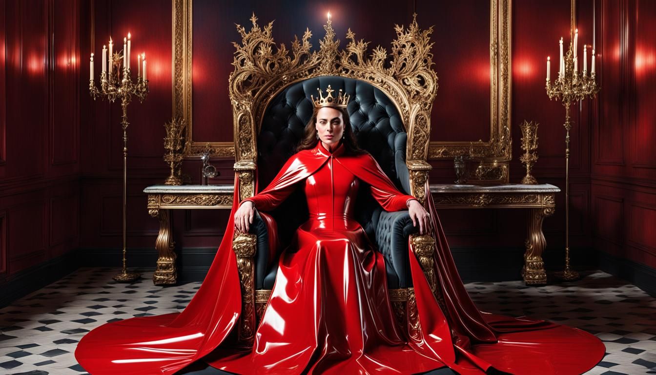 young Kate Middleton dressed in  reflective red heavy rubber...