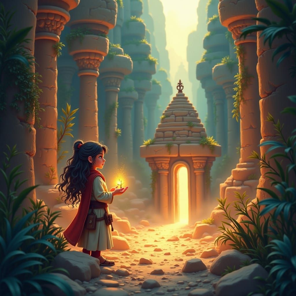 <lora:Gaias Helpers:1.0> Temple crumbles as heroes escape.