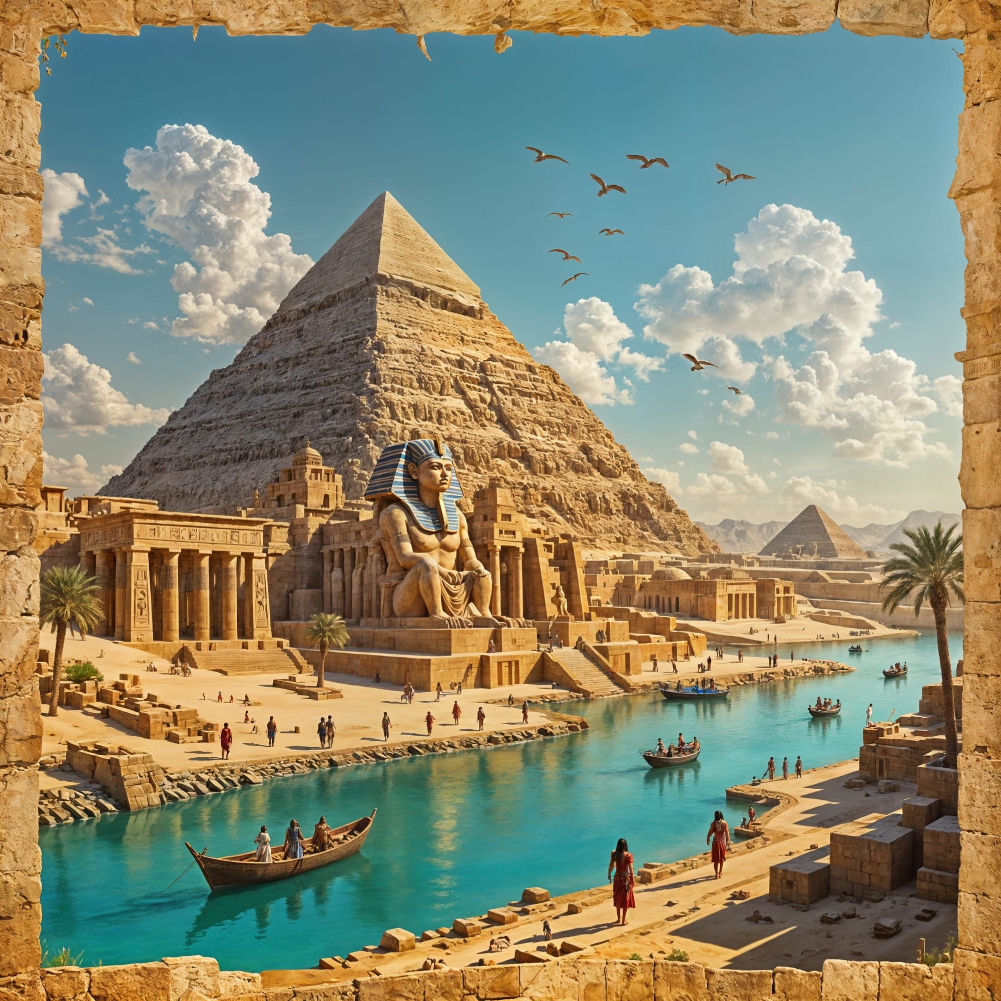 Ancient Egyptian city gushes out of picture papyrus. DDG v4.0. Artflow. Realismo. DaVinci2.