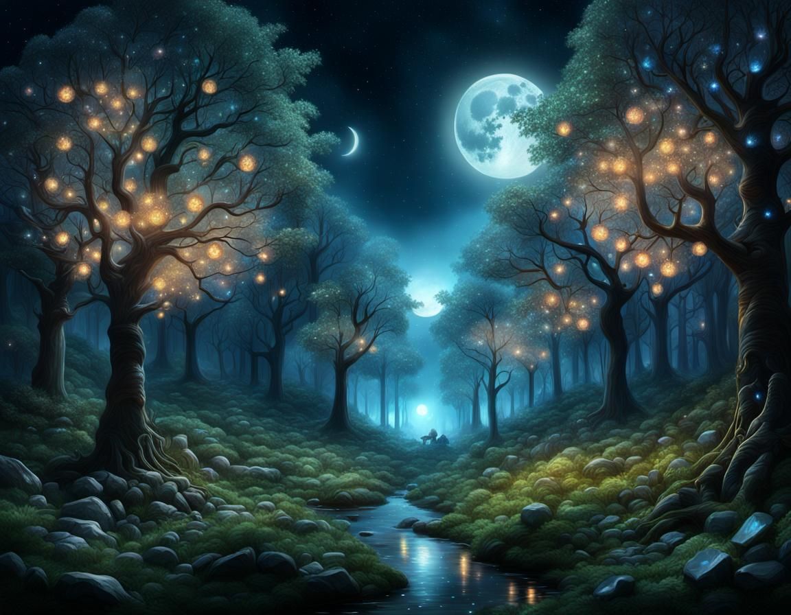 Crystal Forest at Night: A Digital Painting