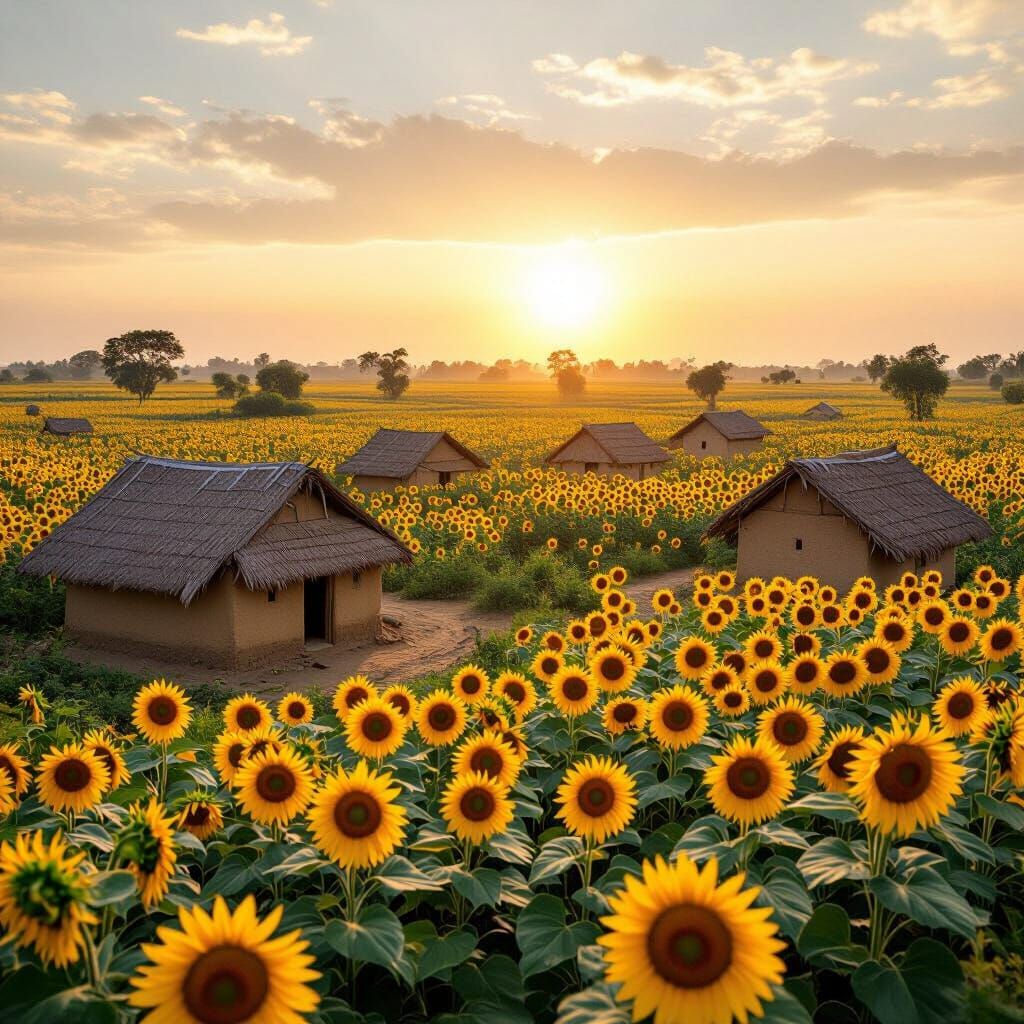 Creat a realistic Bangladesh village sunflower field 