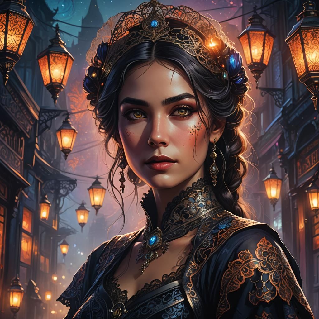 Art Nouveau Woman Portrait with Glowing Lanterns