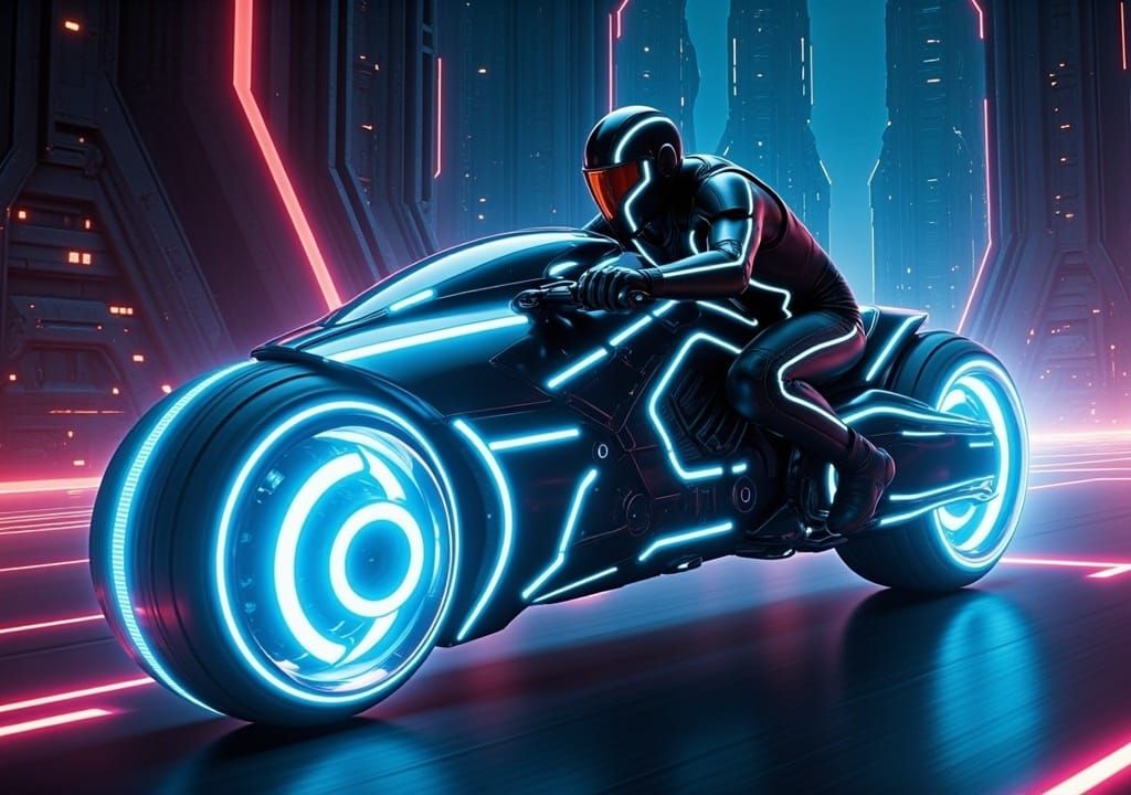 Rider on a Tron Legacy lightcycle from 2010 Tron Legacy movie <lora:Tron Legacy bike:1.0> 
