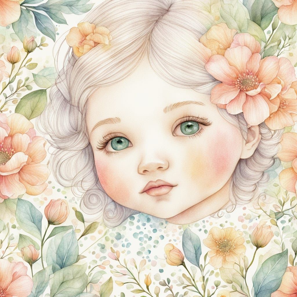 Dreamy Floral Portrait in Whimsical Pencil Style