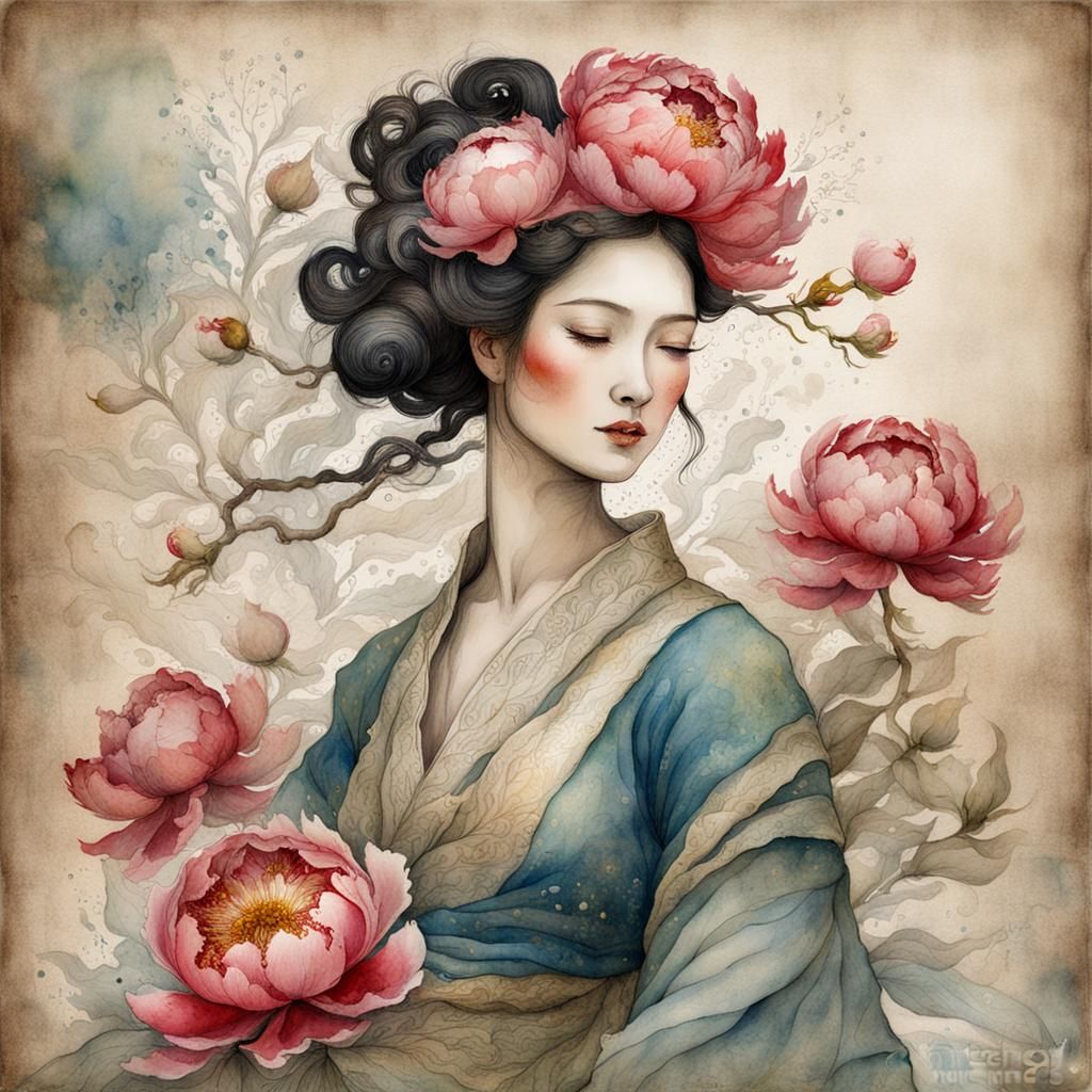 Watercolor of the Goddess Bai Mudan and her Peonies   by @Spider Queen