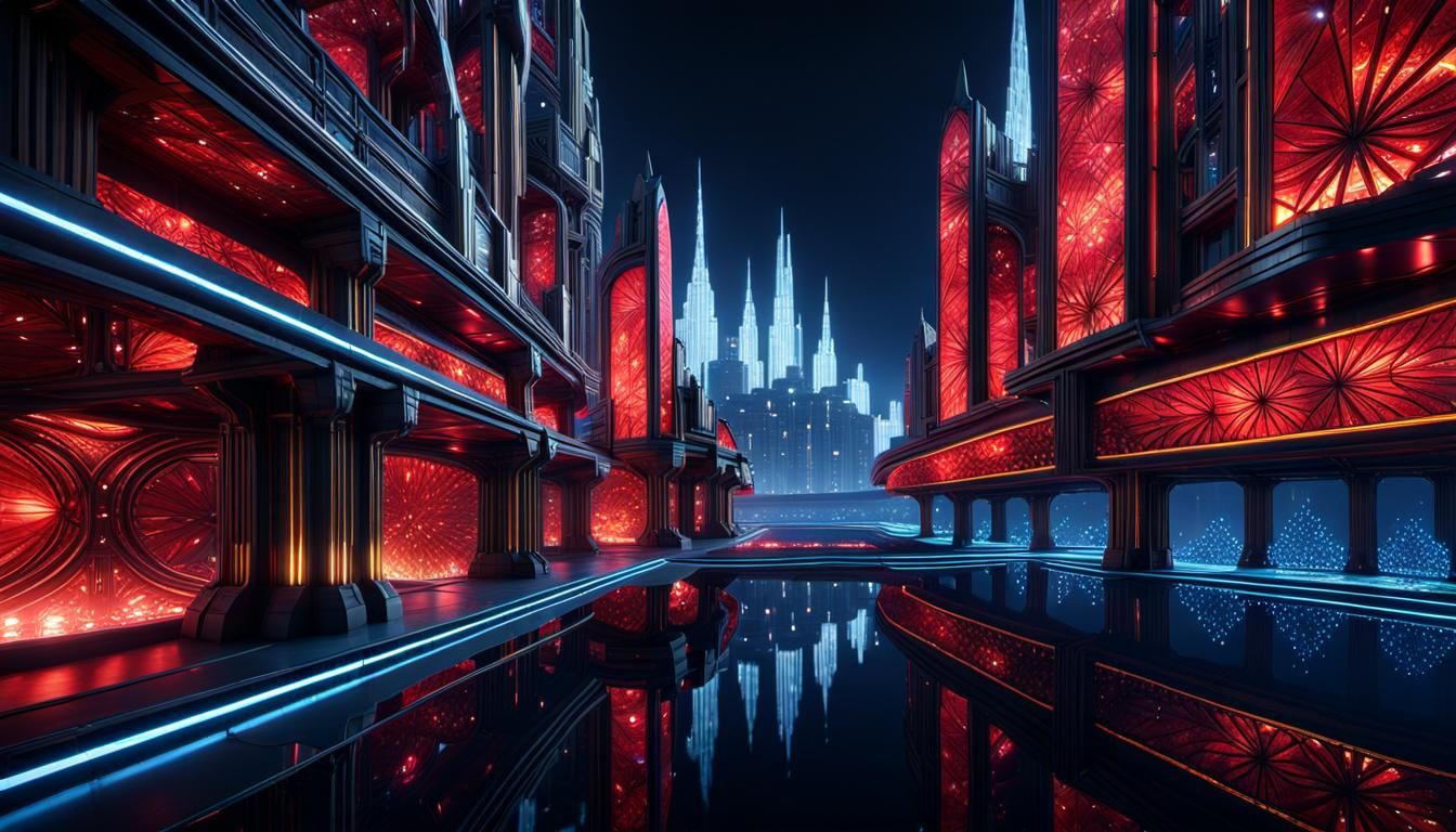 fractal crystal city, night, retroSF, art deco, art nouveau,...