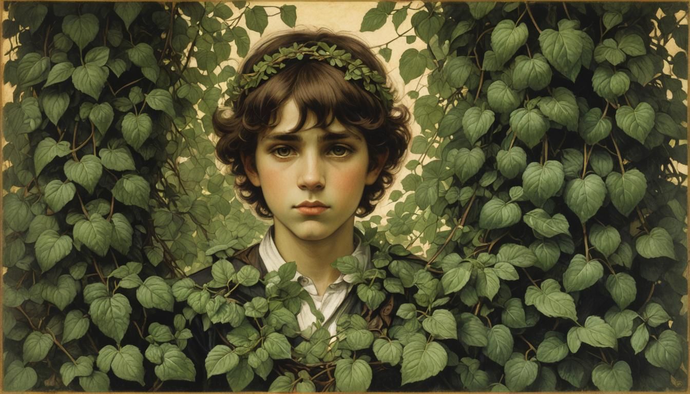 Boy among mint leaves and garlands