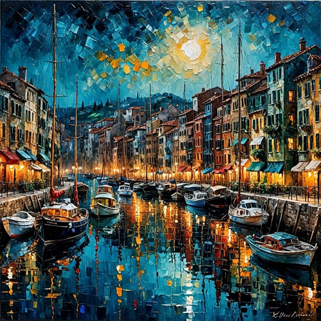 Port City Harbor at Night with Reflections <lora:Impasto Painting:1.0> 