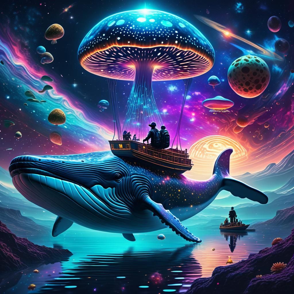 A mushroom-infused, intergalactic passenger riding a whale across the galaxy
  by @Dorian