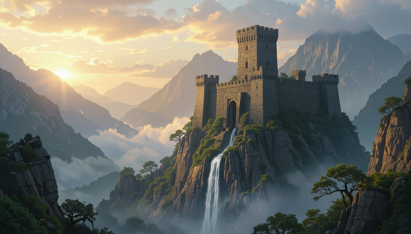 A colossal ancient stone fortress, weathered by centuries, stands defiantly atop a jagged mountain peak, overlooking a vast, mist-shrouded v...