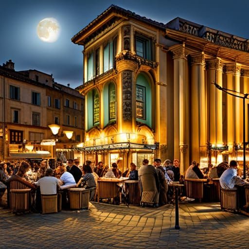 Terrasse du café le soir, Place du forum, Arles. Text sign t...