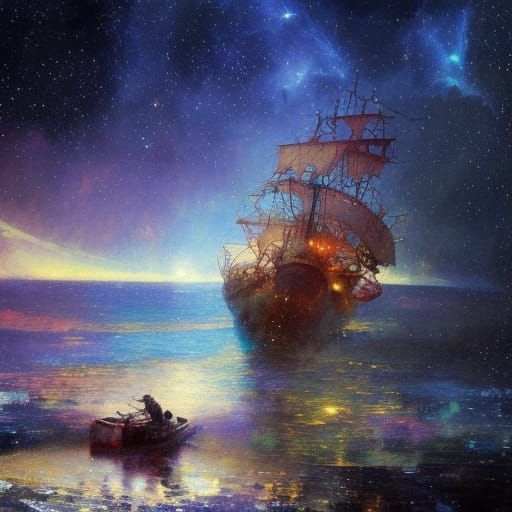 "colorful starry night sky!!!!!!!! stars!!!! nebula!!!! epic pirate ship on ocean at night!!! ", highly ...  by @Avatar18