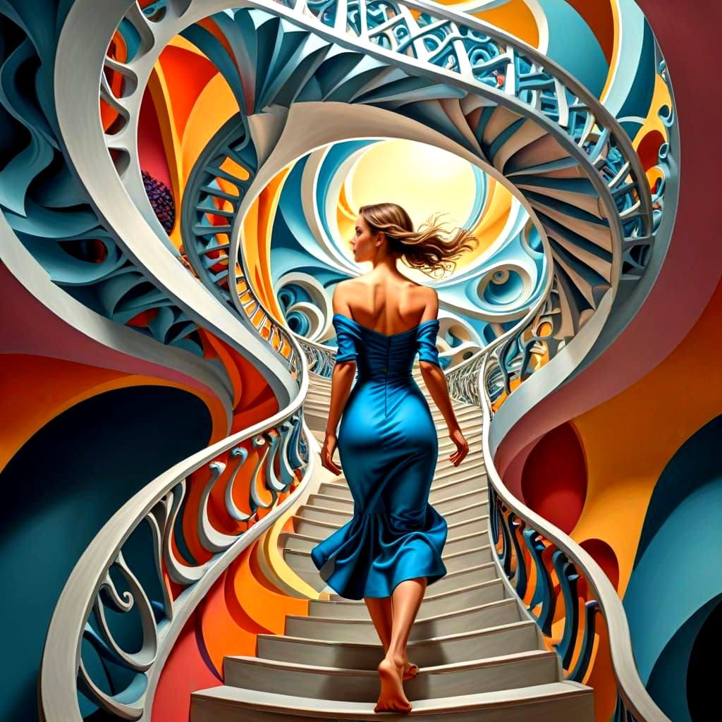 Elegant Ladies Navigate Complex Stairway Labyrinth