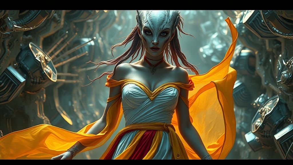 strange but beauty, 2alienwoman in trouble, white-yellow,red...