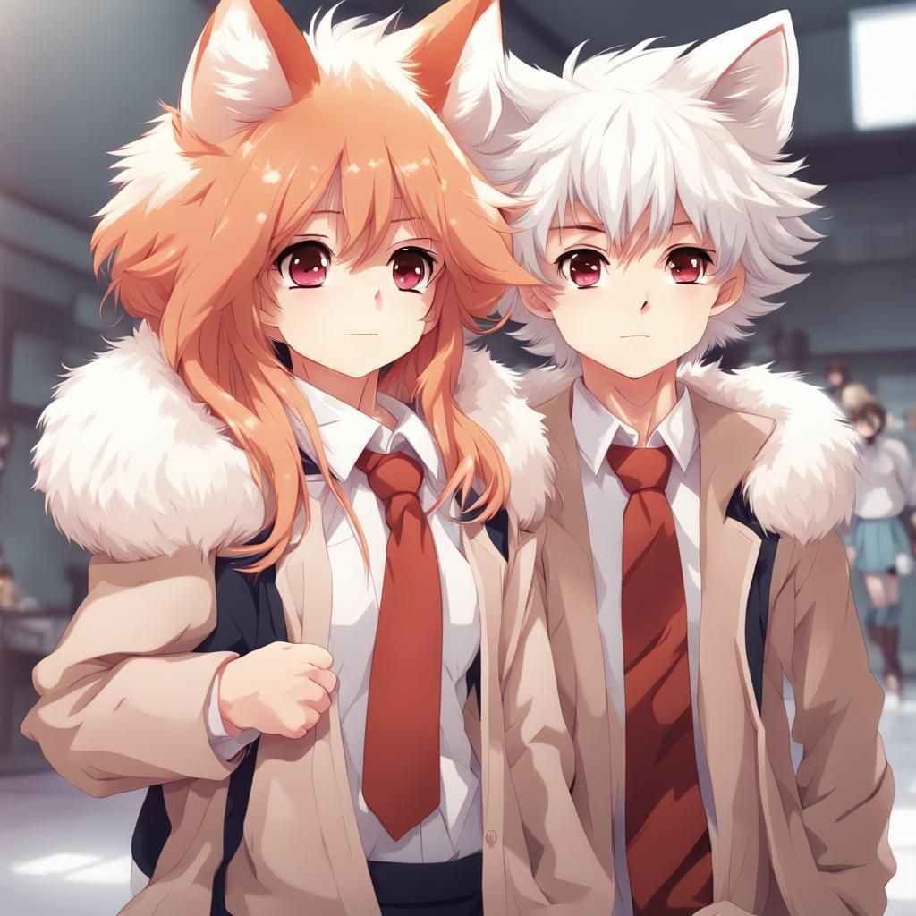 Portrait cute adorable fluffy fox boy and girl at school wit...