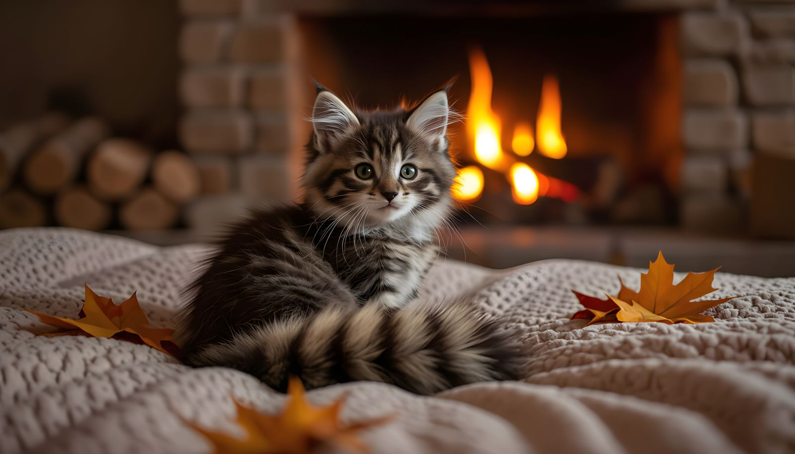 cute kitten with a big fluffy racoon tail on a bed in front of a fireplace during an autumn night